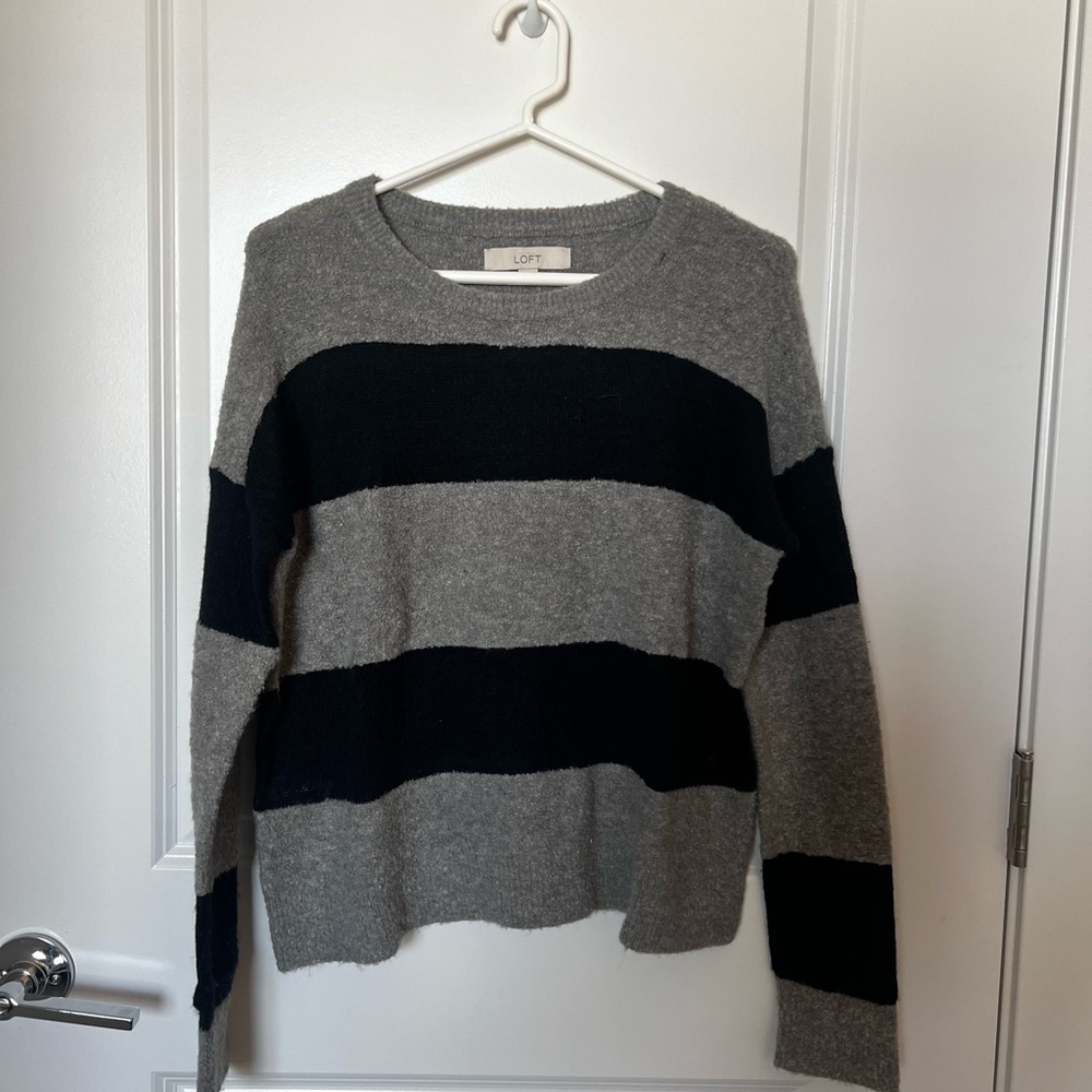 LOFT Gray and Black Crew Neck Sweater